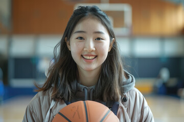 Portrait happy asian girl holding basketball in a school gymnasium - obrazy, fototapety, plakaty