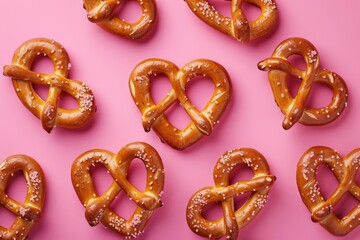 Heart shaped arrangement of pretzels on a pink background, snack, love, food, bakery concept