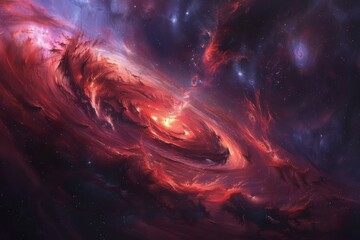 swirling disk of stars dominates the vast canvas of space, its reddish hue hinting at the presence of countless old stars - obrazy, fototapety, plakaty