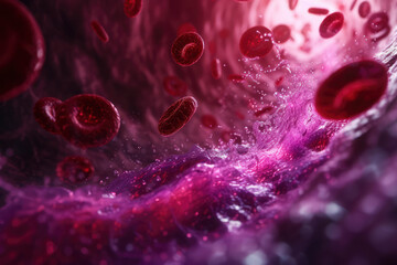 A blood clot and red cells in a vein on a burgundy background