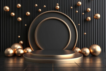 3D Rendering Black metalic Podium background with Ball decoration showroom for Product advertising