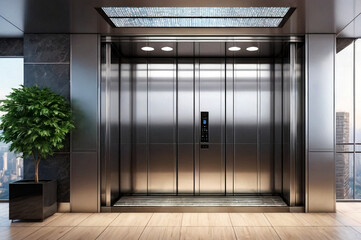 Modern steel elevator cabin in house or multi-apartment skyscraper. Background of interior floor of elevator platform with elevators and sunlight in business center. Copy space for site