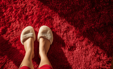 Woman's legs in slippers on red home carpet.