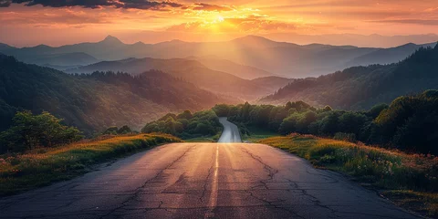 Poster Sunset road trip through serene desert landscape offers a sense of adventure © sopiangraphics