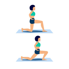 Woman demonstrates hip flexor stretching exercise in lunge position. Lean forward from half-kneeling position. Iliopsoas muscle strain training for lordosis. Flat character scene for mobile, app, web