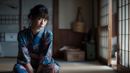 和服を着て畳の部屋にいる日本人の女性 - obrazy, fototapety, plakaty