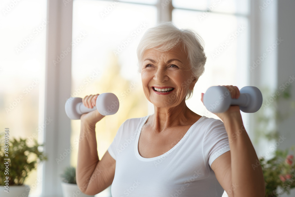 Wall mural smiling senior woman exercising with dumbbells at home. healthy lifestyle concept