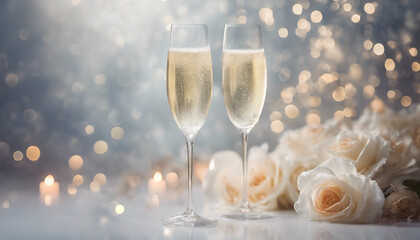 Two elegant glasses of champagne among flowers on a bokeh background in light colors, AI generated