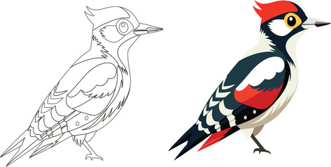 Cartoon woodpecker set - black and white and color illustrations