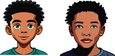 Cartoon portraits of two young boys with green eyes - obrazy, fototapety, plakaty