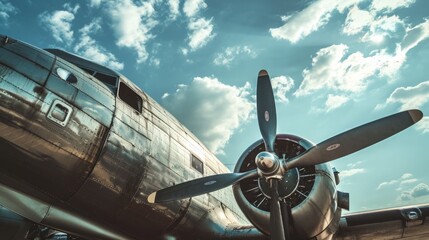 Vintage Aircraft Under Cloudy Sky: Detailed View of Propeller and Metallic Fuselage