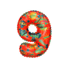 3D Helium Balloon Number 9 with Red colored comic cartoon action hero texture