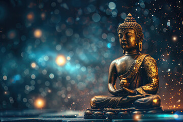 Glowing golden buddha with the background of universe