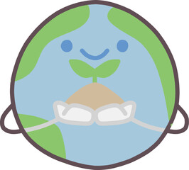 地球をかわいくデフォルメしたキャラクターが手に双葉の植物をもって微笑んでいるイラスト