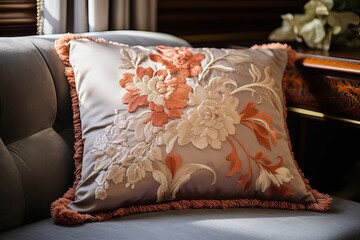Terracotta Pillow: Baroque Embroidery - Luxurious Bedroom Decor Inspiration