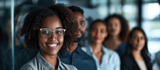 Diverse young professionals in a glass office, including a disabled African American colleague, embody collaboration.