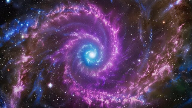 swirling purple and blue spiral galaxy in outer space, millions of bright stars, vivid colors