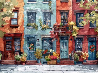 Fototapeta na wymiar New York streets with windows and houses and flowers in watercolor style