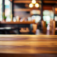 GENERATIVE AI Empty wooden table space platform and blurry defocused restaurant interior, Vintage tone