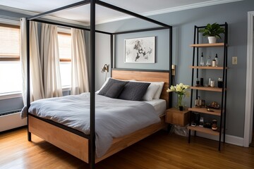 Sleek Canopy Bed Bedroom Inspirations with Integrated Shelving Storage Unit