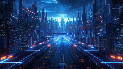 Technological Lines Composed of Cities, Deep Navy Blue and Sky Blue Style, 8k Resolution, Illuminated, Front Perspective, Futuristic Chic , 8k Resolution