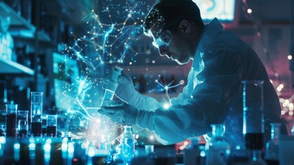 Scientist examining samples in a futuristic laboratory with digital data overlay and neon lighting.
