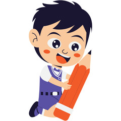 Kindergarten student boy in uniform holding pencil