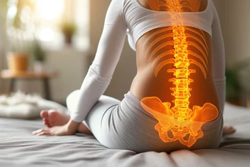 Fotobehang Lumbar pain, intervertebral spine hernia, woman with back pain at home, spinal disc disease, health problems concept © staras