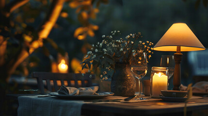 Evening Lamps Illuminate the Table Arrangement High