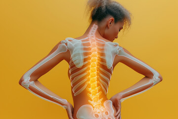 Shoulder-scapular periarthritis, shoulder blades, lumbar and neck pain, intervertebral spine hernia, woman with back pain on yellow background, spinal disc disease, hip joint arthritis
