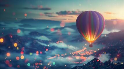 vibrant hot air balloon rests on a rocky terrain, surrounded by a mesmerizing array of twinkling bokeh lights