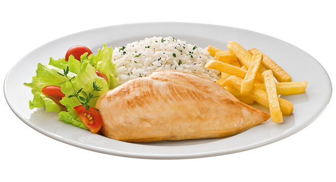 prato com fil&eacute; de frango grelhado acompanhado de salada, arroz branco e batatas fritas