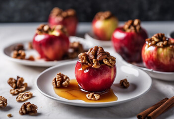 Red baked apples with cinnamon walnuts and honey on a white background Autumn or winter dessert