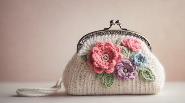 Handmade crochet flower purse on white surface along with yarns, crochet flowers, and crochet hook. 