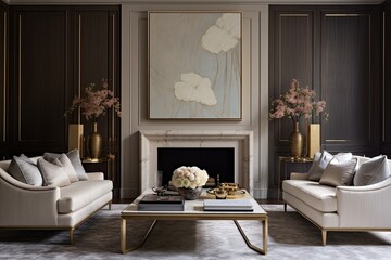 Gold Leaf Accents: Elegant Living Room Fireplace Frame with Intricate Gold Leaf Motifs