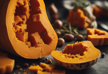 Sliced of raw butternut pumpkin with spices and olive oil Place for text or recipe