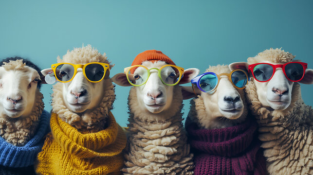portrait of sheep with sunglasses, Cute animals in group wearing clothes. Generative Ai
