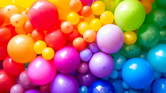 An exuberant and vibrant abstract background features a jumble of rainbow-colored balloons, symbolizing and celebrating gay pride with joy and diversity.
