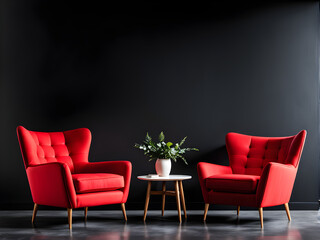 Ruby Red Respite: Plush Sofa and Chair, Black Wall Canvas