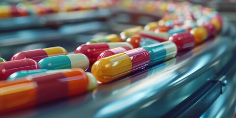 Vibrant medicinal capsules on a production line showcasing pharmaceutical industry progress - obrazy, fototapety, plakaty