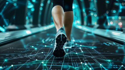 Close-up of an athlete's sneakers walking on a digitally enhanced floor with glowing circuits, symbolizing a high-tech approach to fitness and training.