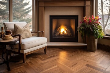 Herringbone Wooden Floor Patterns: Cozy Fireplace Sitting Area Elegance
