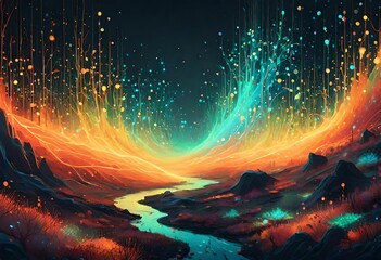 Abstract landscape featuring luminous particles that interact and react with one another - obrazy, fototapety, plakaty