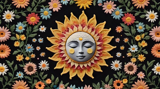 boho crochet  wall art sun and moon ,Boho style. , landscape aesthetic background wallpaper. illustration for prints wall arts and canvas