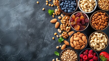 Against a dark textured background, a diverse selection of healthy snacks, ranging from various nuts and seeds to berries and whole grain crackers, promises a satisfying and nutritious nibble. - obrazy, fototapety, plakaty