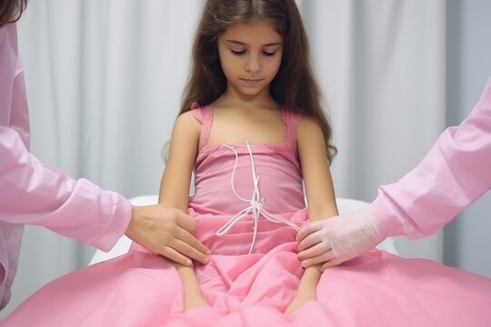 Doctor palpating girls abdomen for preventive health care, applying steady pressure