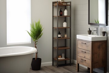 Fototapeta na wymiar Laminate Shelf Farmhouse Blend: Mid-Century Modern Bathroom Inspirations
