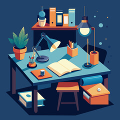 A student's desk cluttered with study materials. vektor illustation