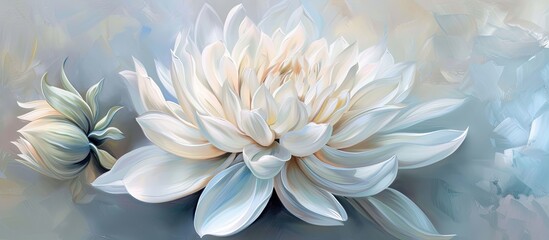 A detailed painting of a white dahli flower set against a bright blue background. The petals of the...