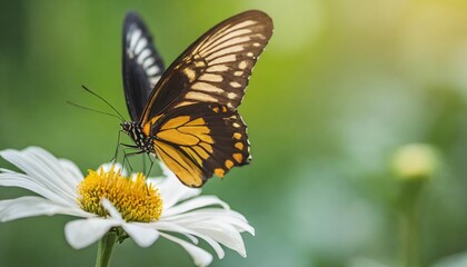 Obraz na płótnie Canvas golden birdwing butterfly flying and feeding on white flower with green nature blurred background and copy space using as background insect natural landscape ecology fresh cover page concept
